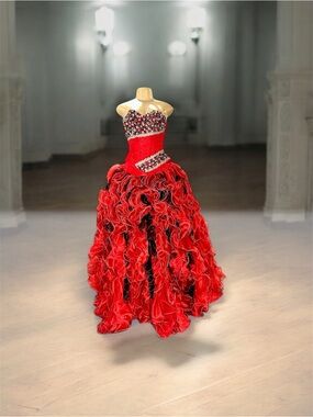 NWT Ragazza Fashion Red & Black Formal Quinceañera BallGown Beaded Prom Dress